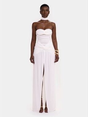 Strapless White Ruched Maxi Dress with Front Slit and Choker